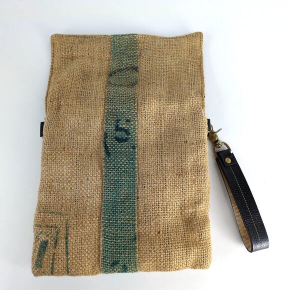 Upcycled Burlap Coffee Sack 11x10" Hand Bag Purse Italian Leather Strap Handle - Picture 4 of 8